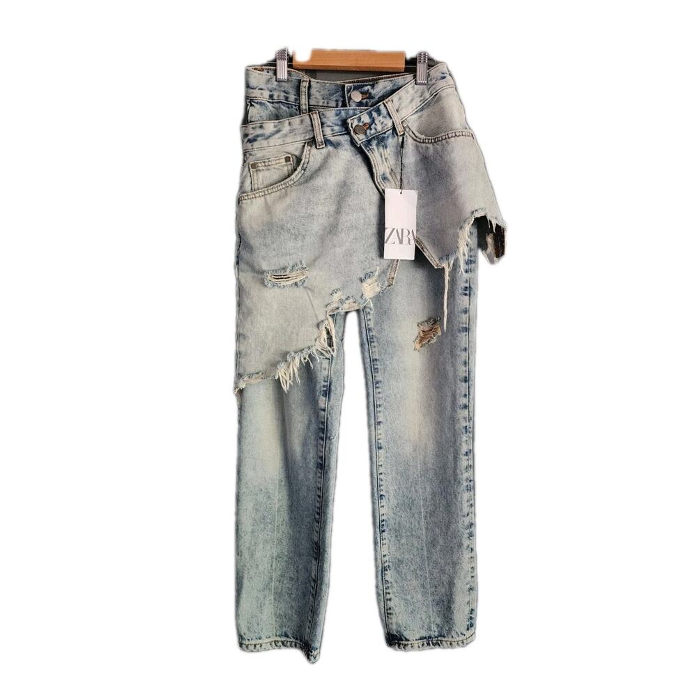 ZARA LAYERED NWT Jeans MID-RISE ZW STRAIGHT LEG Skirt Overlay Sz 0 - Picture 5 of 8